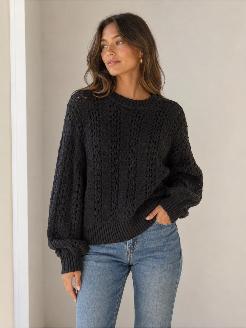 Velvet by Graham & Spencer Black Open-Knit Crewneck Sweater